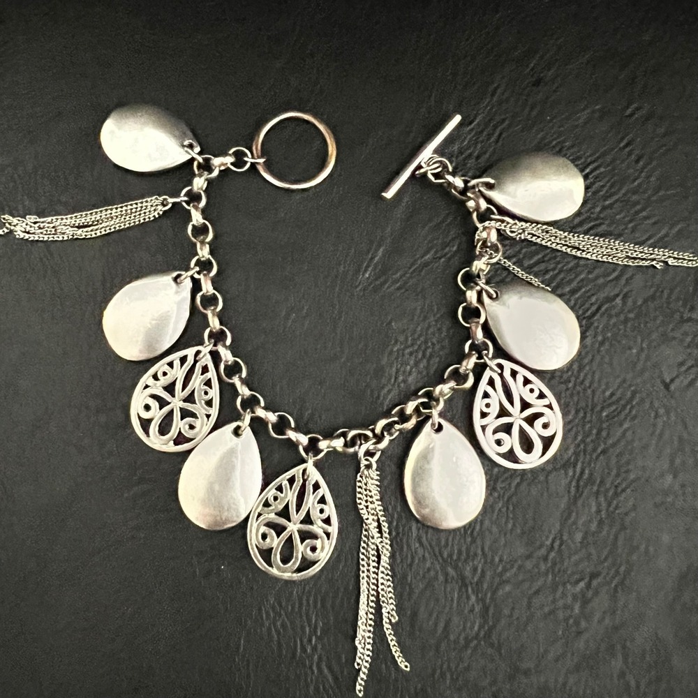 Silver Tone Teardrop Filigree Tassel Toggle Charm Bracelet Size 7 Whimsical